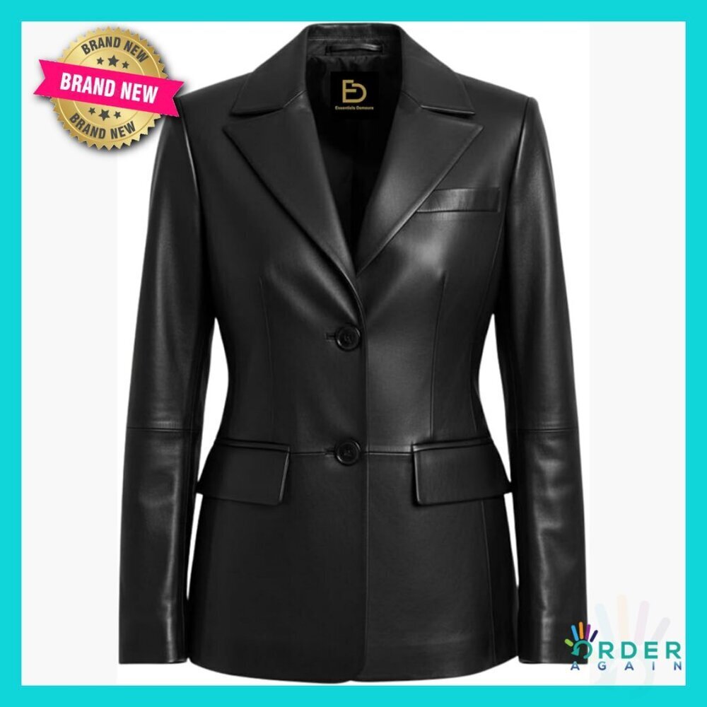 Real Leather Blazer Tailored Fit Classic Notch Lapel Two Button Chic